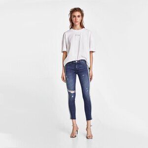 NWOT Zara blue mid-rise skinny denim jeans with sparkly racer stripe detail, 6